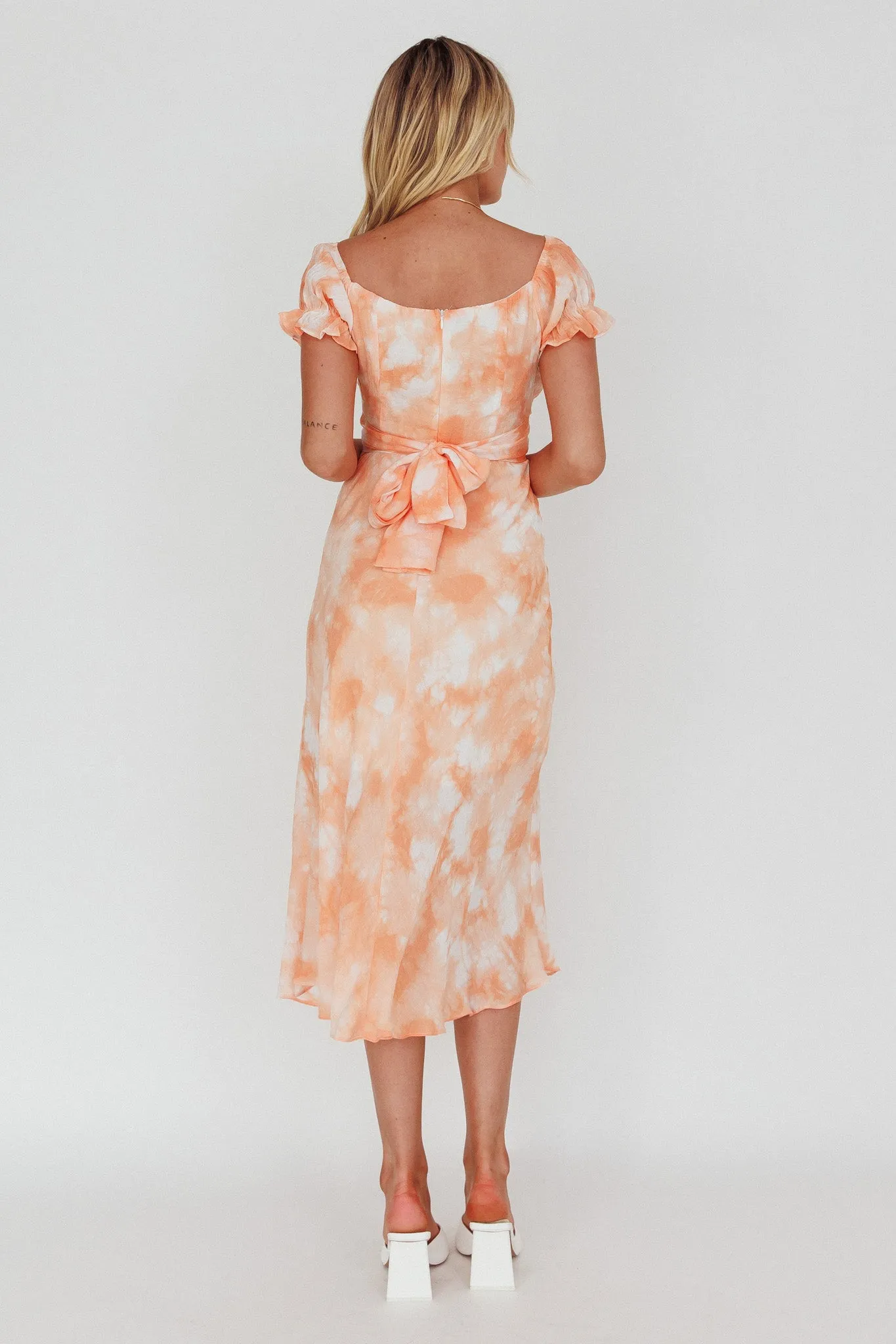 Linka Puff Sleeve Midi Dress Tie-Dye Orange