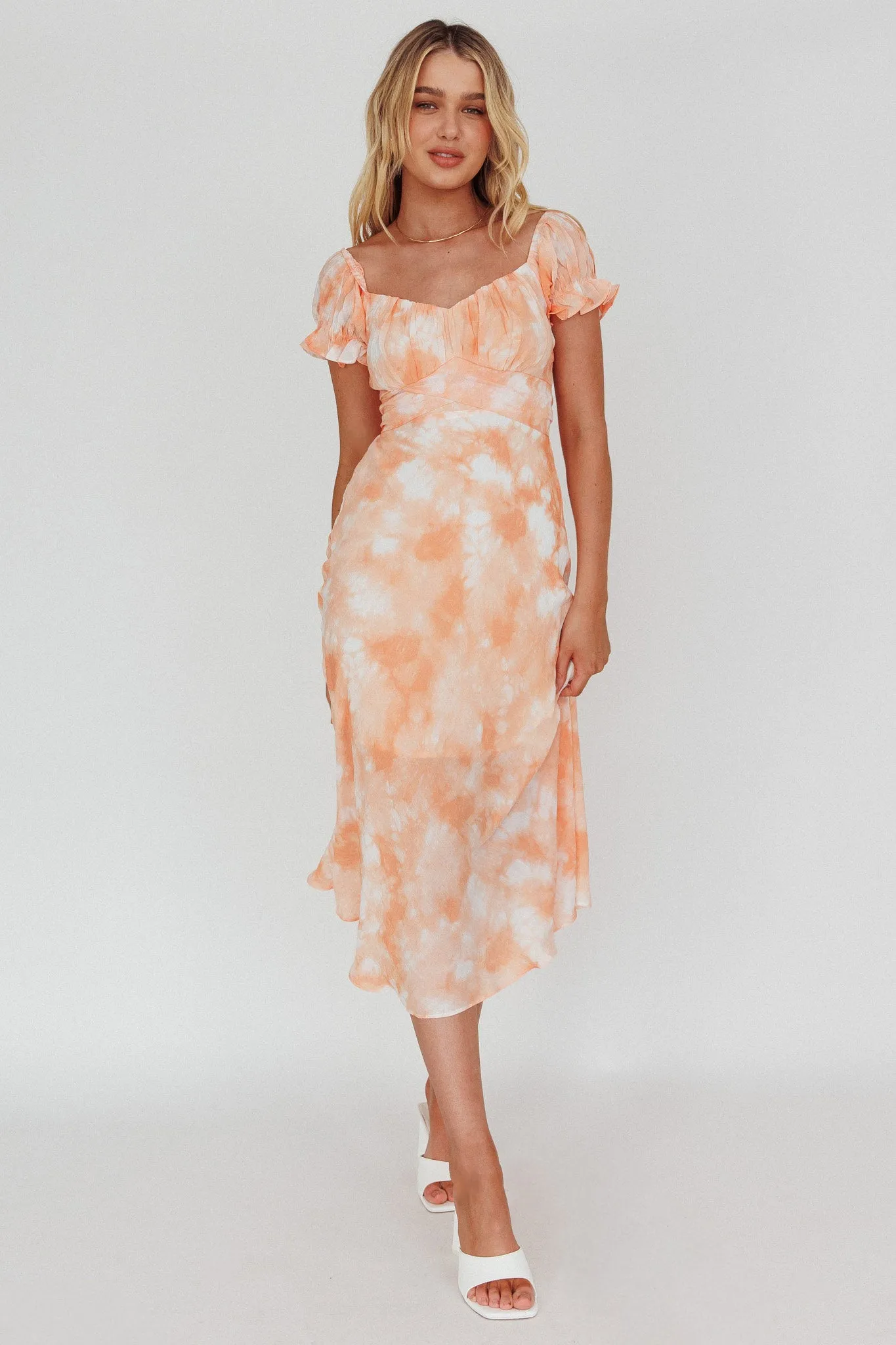 Linka Puff Sleeve Midi Dress Tie-Dye Orange