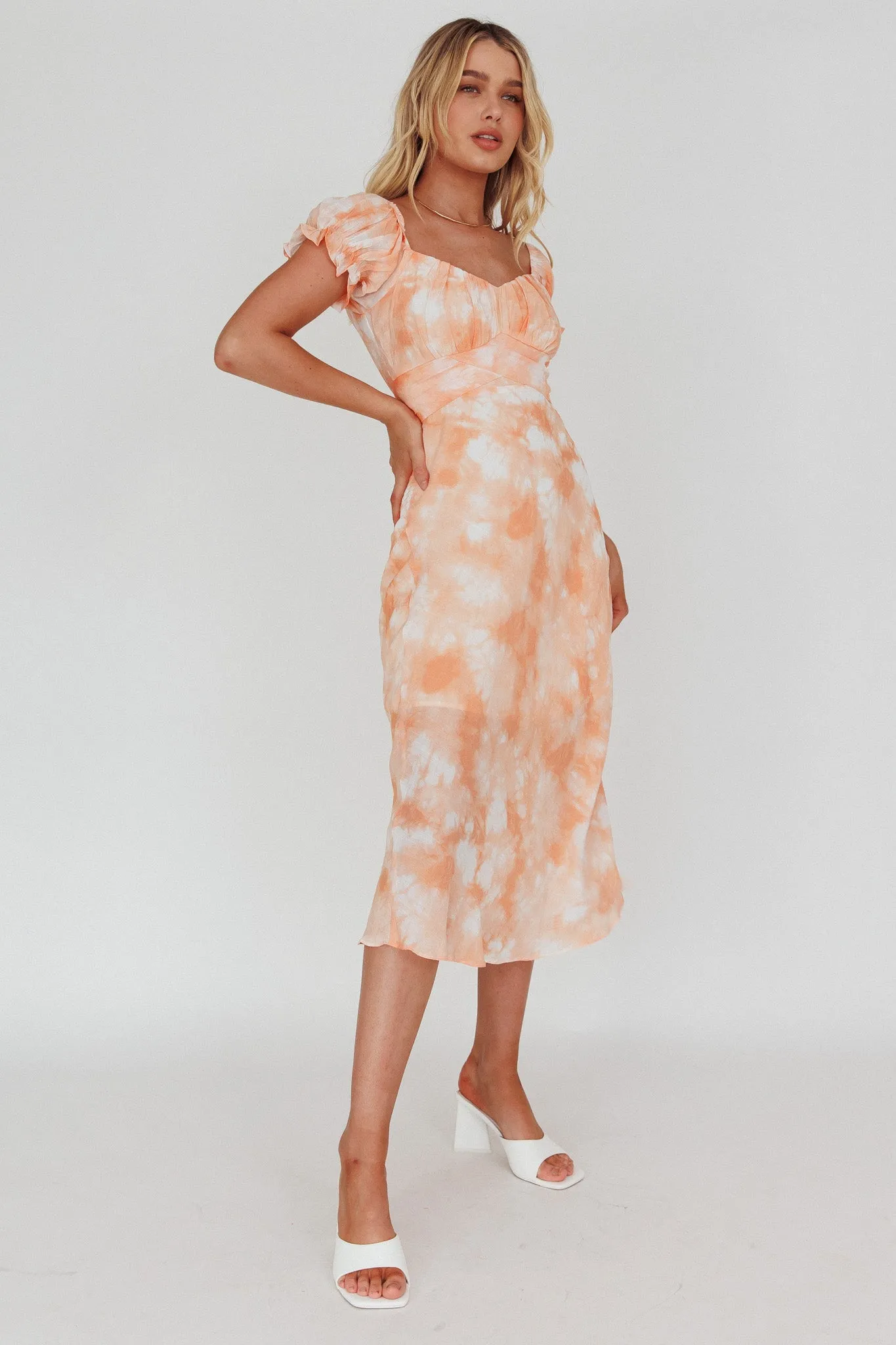 Linka Puff Sleeve Midi Dress Tie-Dye Orange