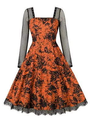 Long Sleeves High Waist Dress Women's Retro Floral Sleeve A-Line Swing Party Dress