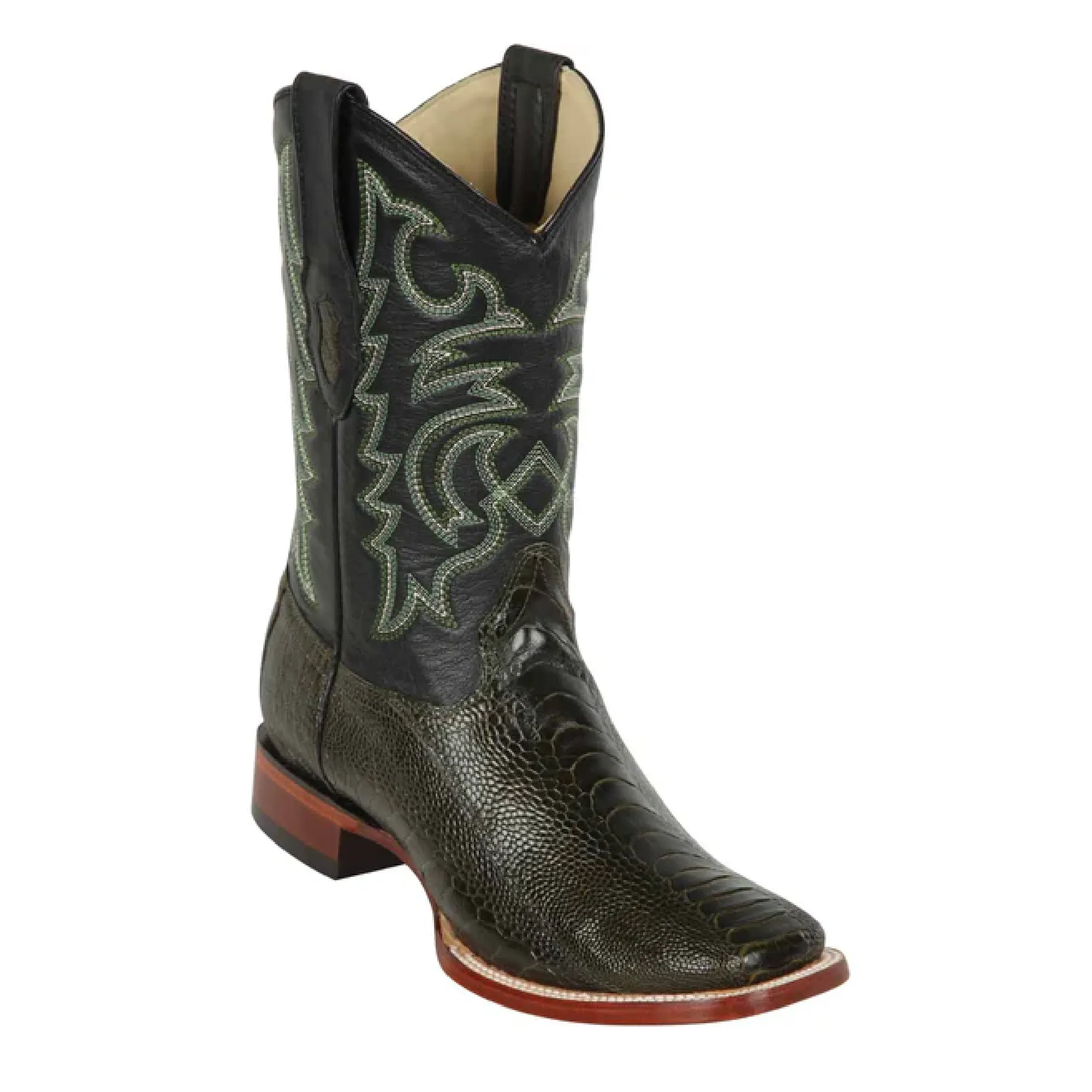 Los Altos Boots Mens #8220545 Wide Square Toe | Genuine Ostrich Leather Boots | Color Olive Green