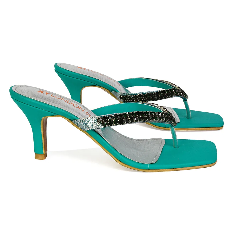 Lynn Square Toe Post Embellished Diamante Strappy Kitten Heel Mule Sandals in Green