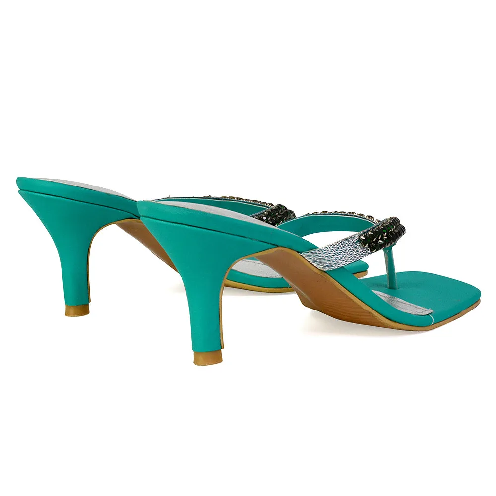 Lynn Square Toe Post Embellished Diamante Strappy Kitten Heel Mule Sandals in Green