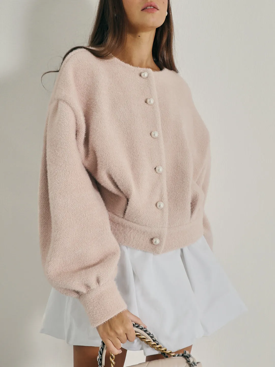 Matilde Pearl Button Soft Knit Cardigan | Champagne