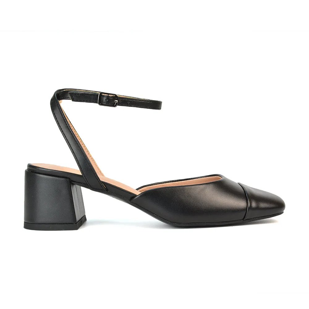 Natasha Ankle Strap Mid Block Heel Square Toe Court Shoes in Black Synthetic Leather