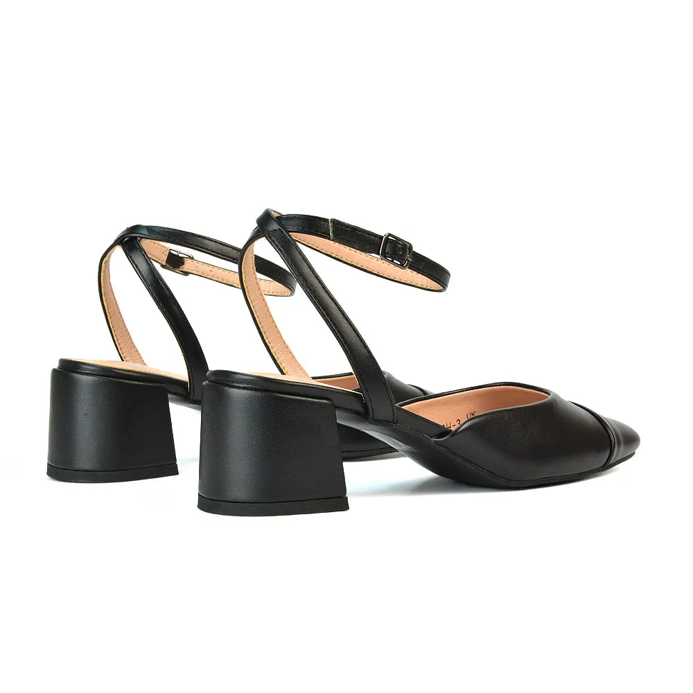 Natasha Ankle Strap Mid Block Heel Square Toe Court Shoes in Black Synthetic Leather