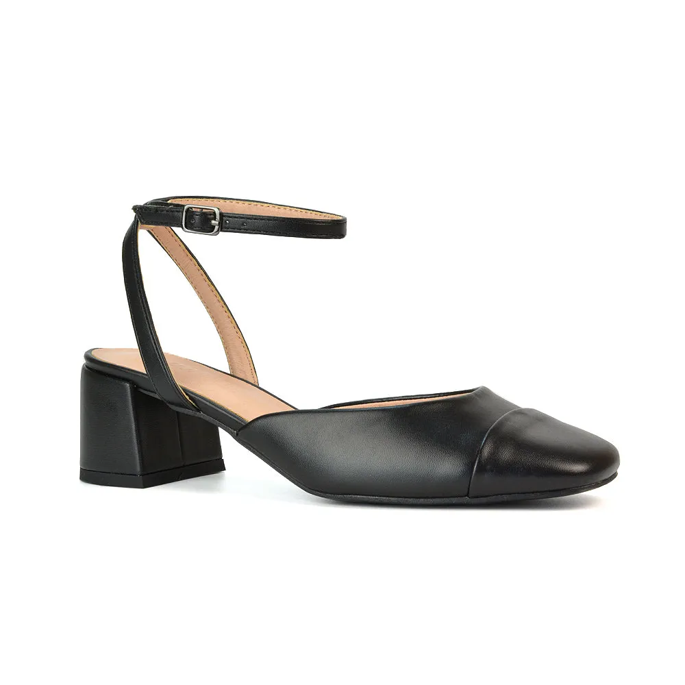 Natasha Ankle Strap Mid Block Heel Square Toe Court Shoes in Black Synthetic Leather