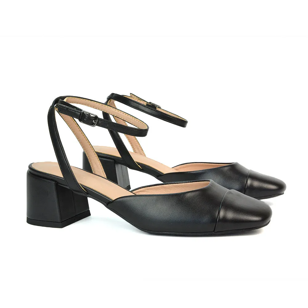 Natasha Ankle Strap Mid Block Heel Square Toe Court Shoes in Black Synthetic Leather