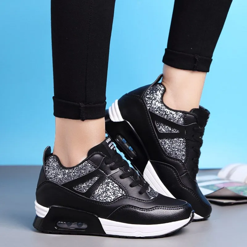 New Fashion Height Increasing Women Sneakers Ladies Sequins Lace-up Casual Shoes Breathable Walking Shoes