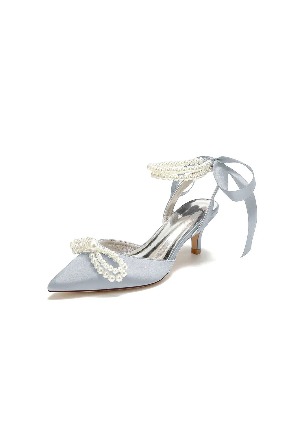 Pearl Ribbon Pointed Toe Ankle Strap High Heels