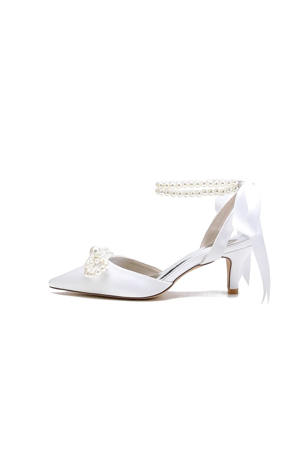 Pearl Ribbon Pointed Toe Ankle Strap High Heels