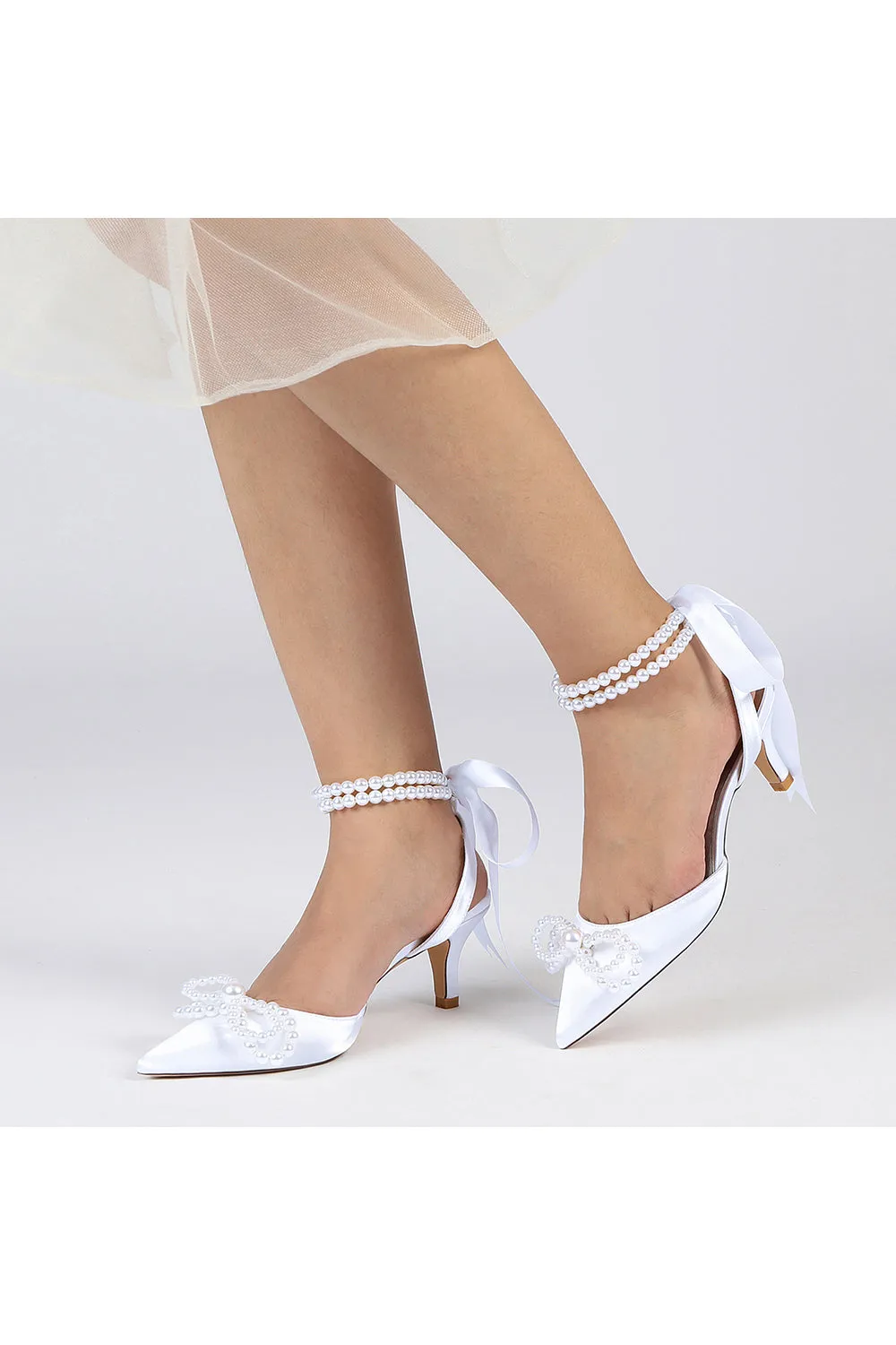 Pearl Ribbon Pointed Toe Ankle Strap High Heels