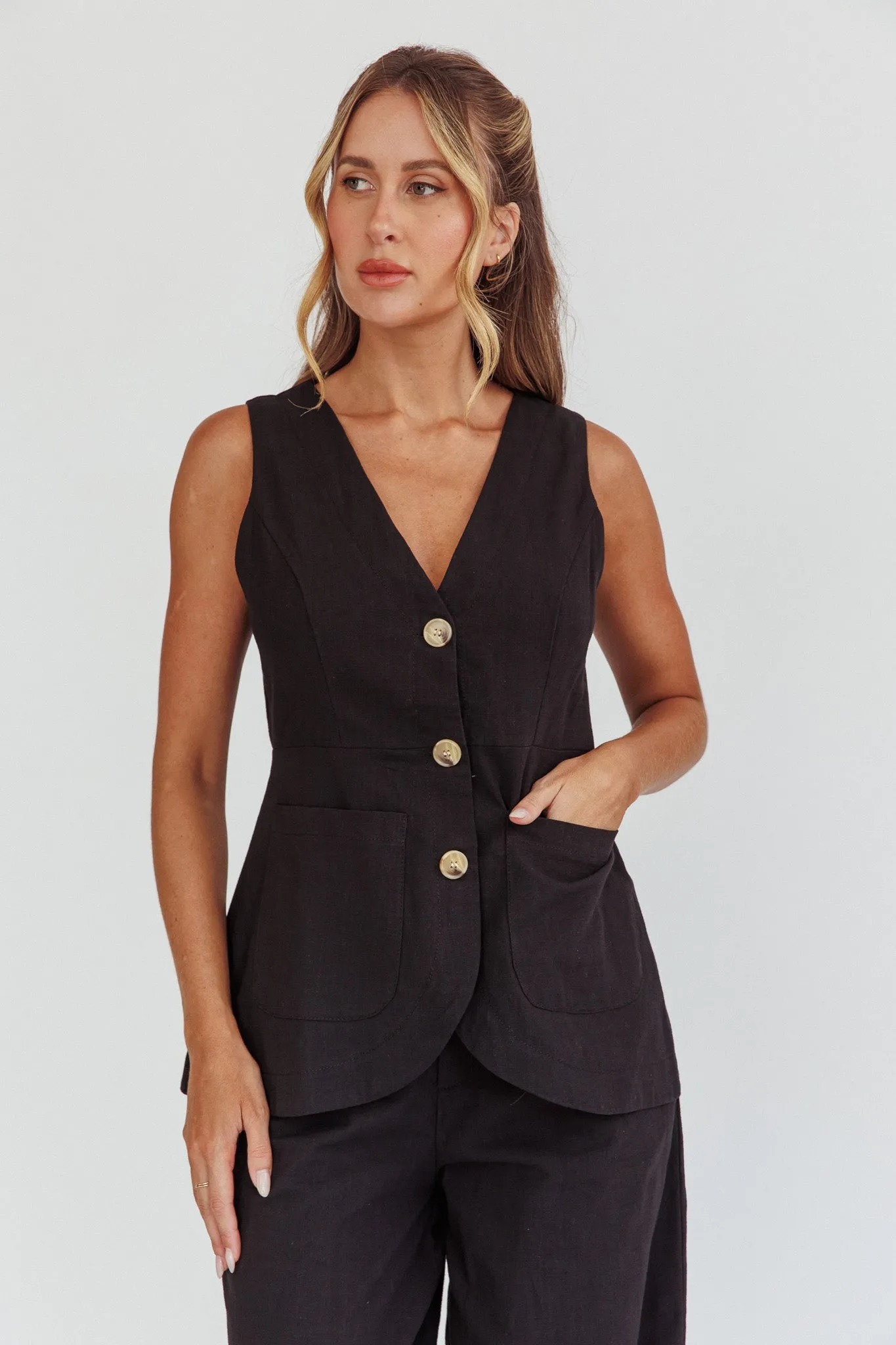 Philomena Button Pocket Vest Top Black