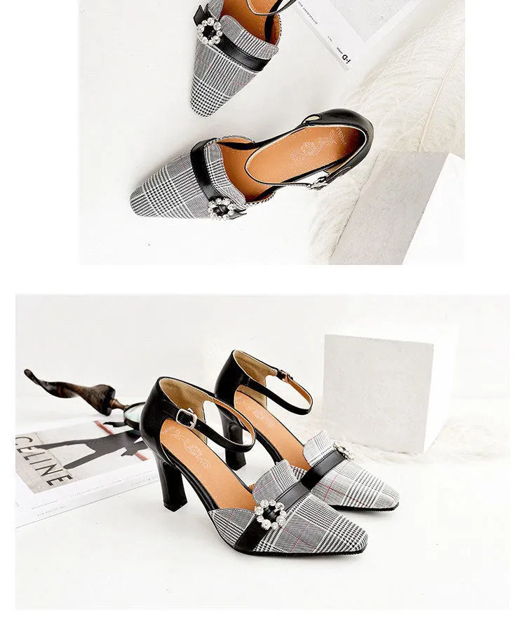 Plaid Buckle Heels Court Shoes