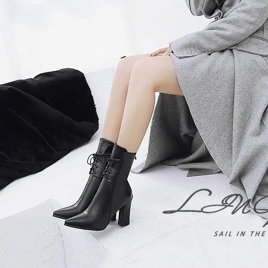 Pointed toe lace up block heel dress boots for women