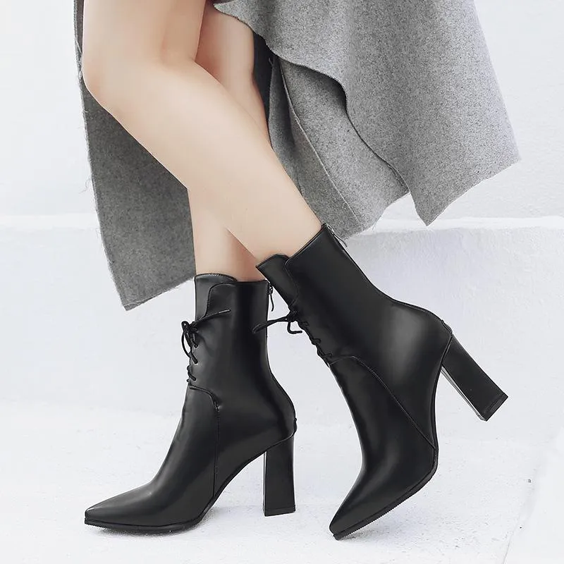 Pointed toe lace up block heel dress boots for women