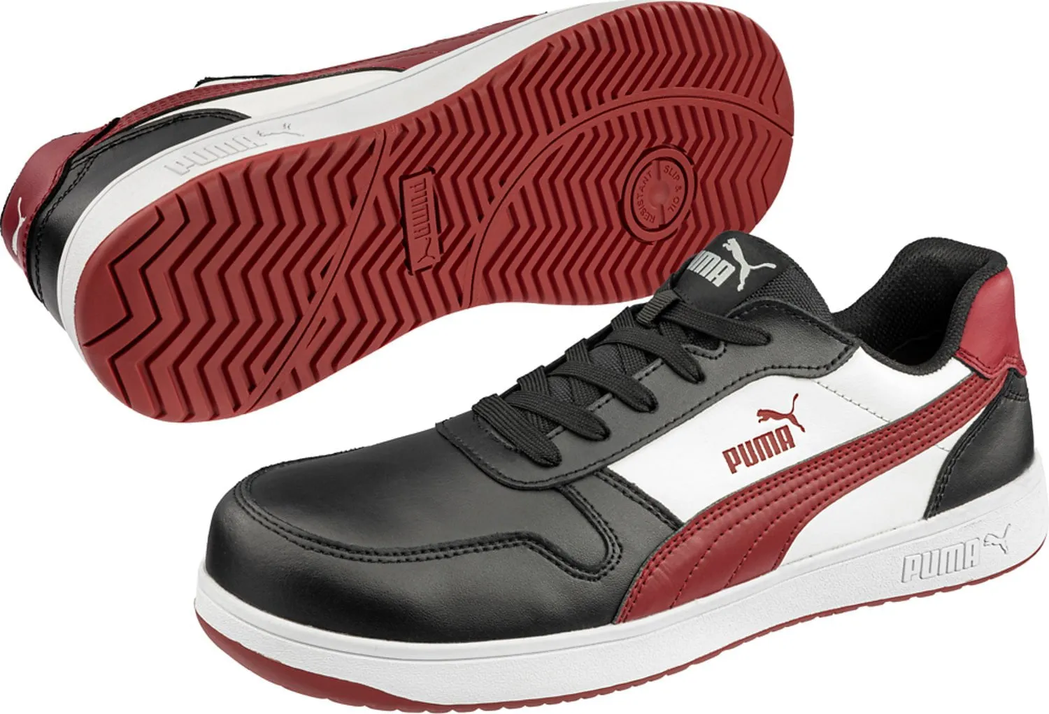 Puma Safety Womens Frontcourt Low ASTM EH Black/White/Red Leather Work Shoes