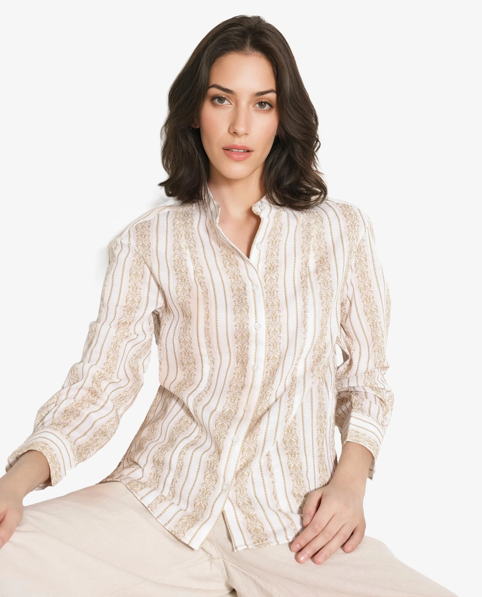 Rareism Women Cuneo Beige Cuffed Sleeve Mandarin Collar Broad Stripes Shirt