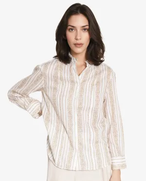 Rareism Women Cuneo Beige Cuffed Sleeve Mandarin Collar Broad Stripes Shirt