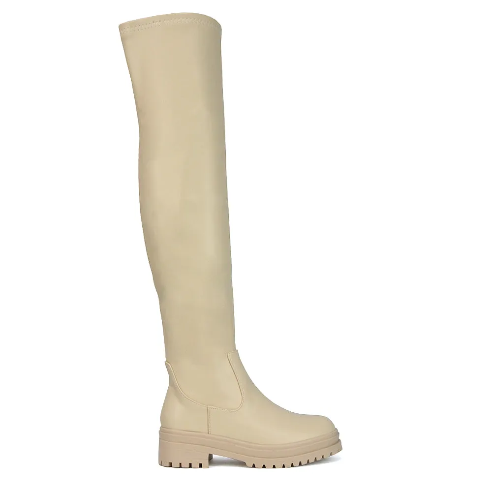 Rosalia Flat Chunky Sole Over the Knee Thigh High Long Boots in Beige Synthetic Leather