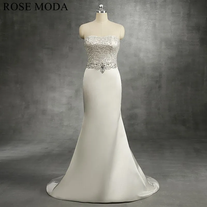 Rosemoda Beaded Embroidery Satin Sheath Wedding Dress