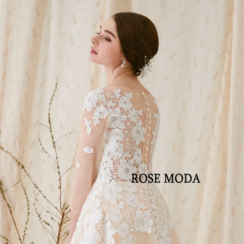 Rosemoda Lace A Line Wedding Dress With Illusion Top and Court Train