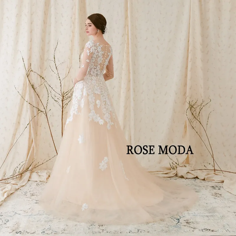 Rosemoda Lace A Line Wedding Dress With Illusion Top and Court Train