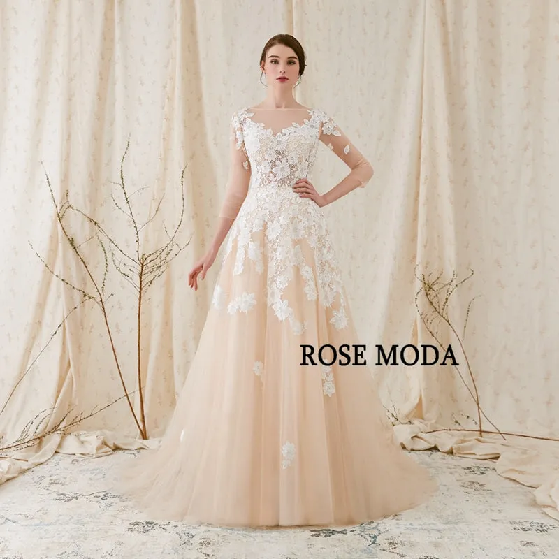 Rosemoda Lace A Line Wedding Dress With Illusion Top and Court Train