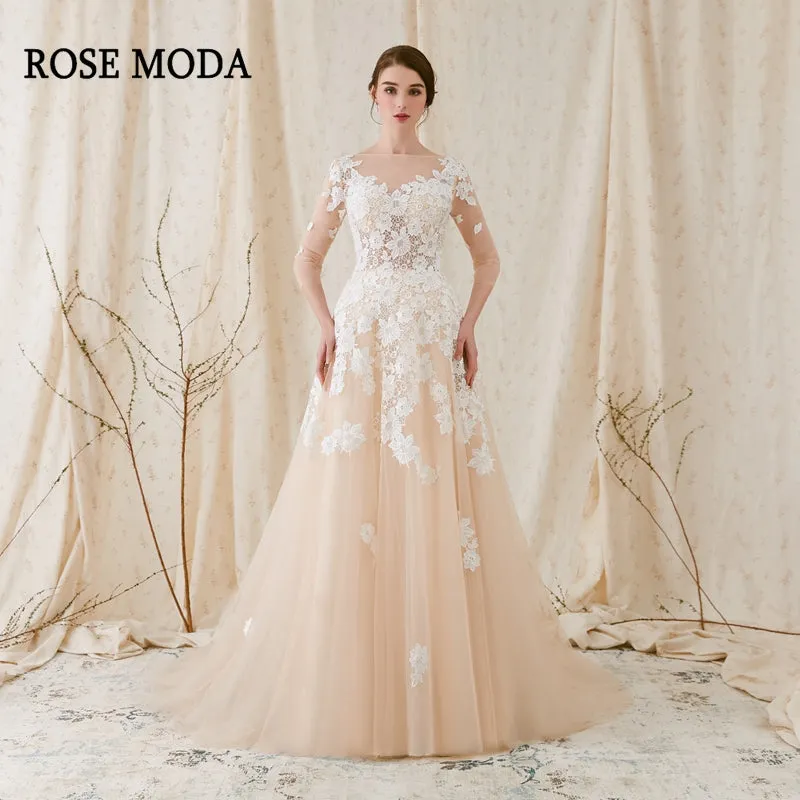 Rosemoda Lace A Line Wedding Dress With Illusion Top and Court Train