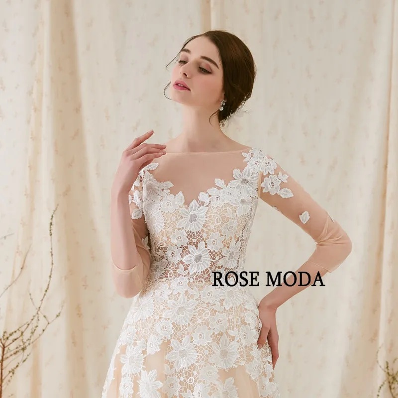 Rosemoda Lace A Line Wedding Dress With Illusion Top and Court Train