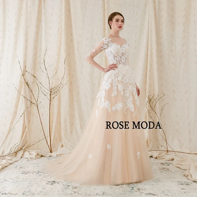 Rosemoda Lace A Line Wedding Dress With Illusion Top and Court Train