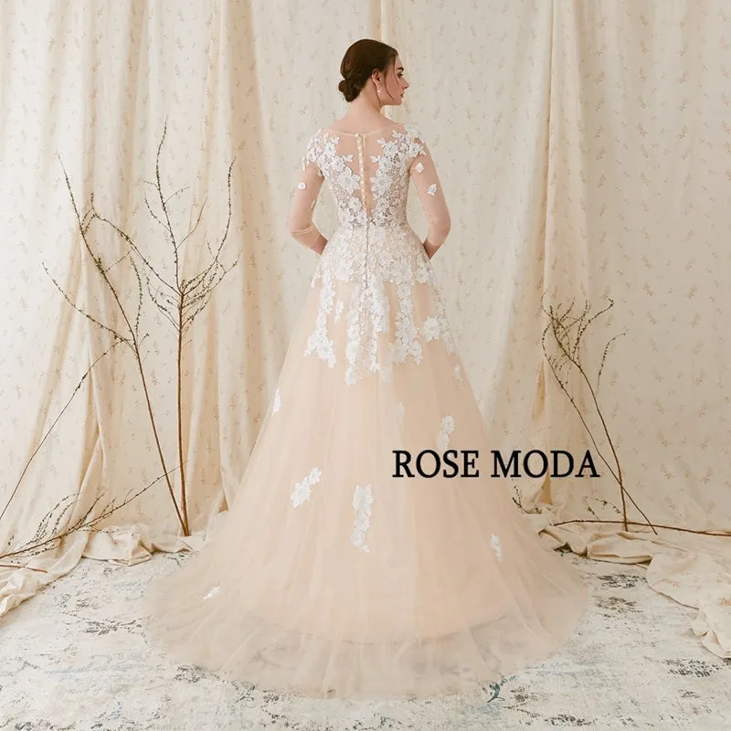 Rosemoda Lace A Line Wedding Dress With Illusion Top and Court Train