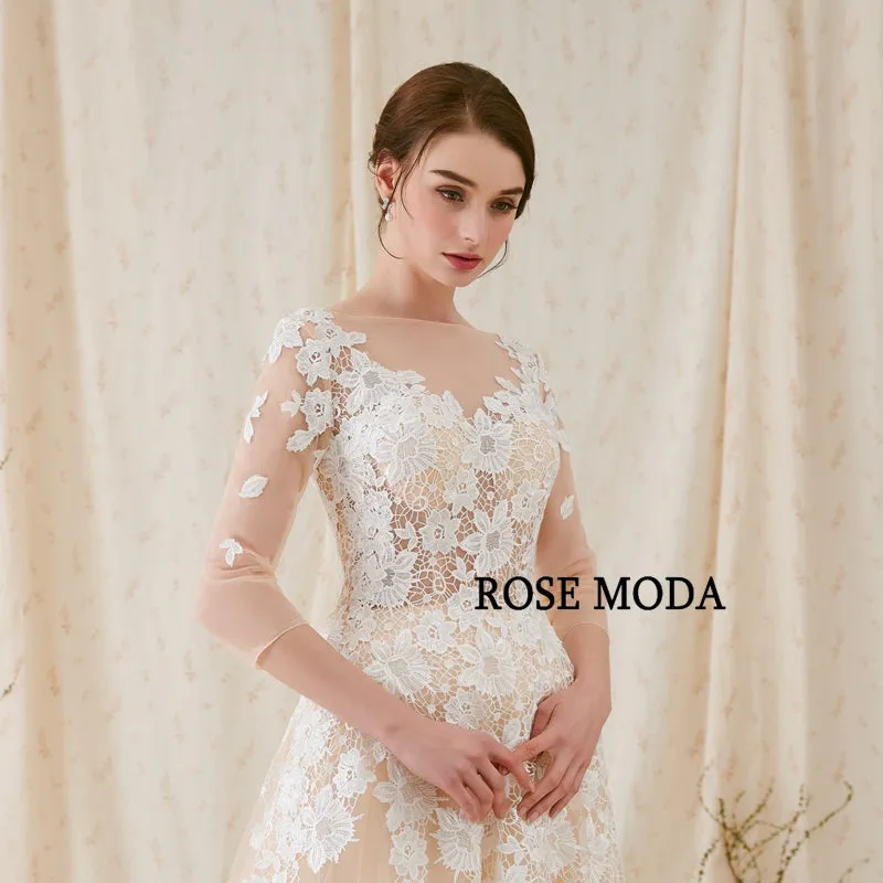 Rosemoda Lace A Line Wedding Dress With Illusion Top and Court Train