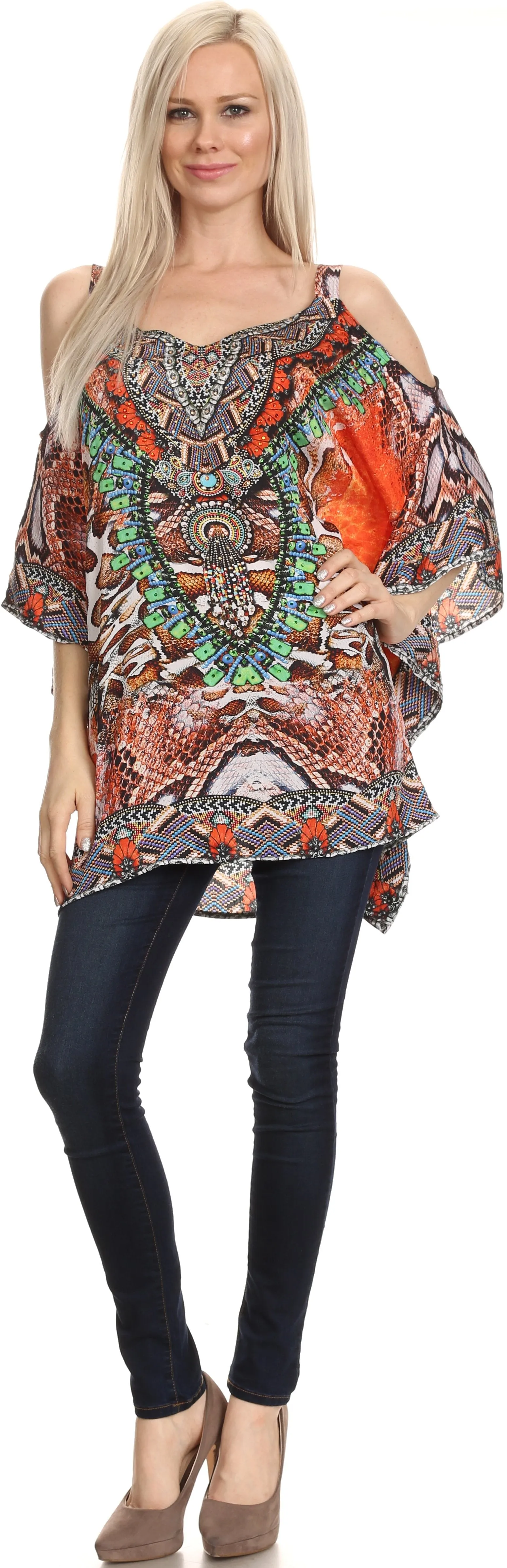 Sakkas Anya Printed Draped Short Sleeve Strap Cutout Shoulder V-Neck Kaftan Top