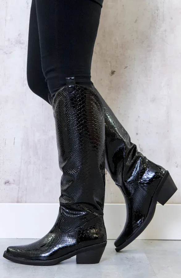 Slangenprint Lak Boots Zwart