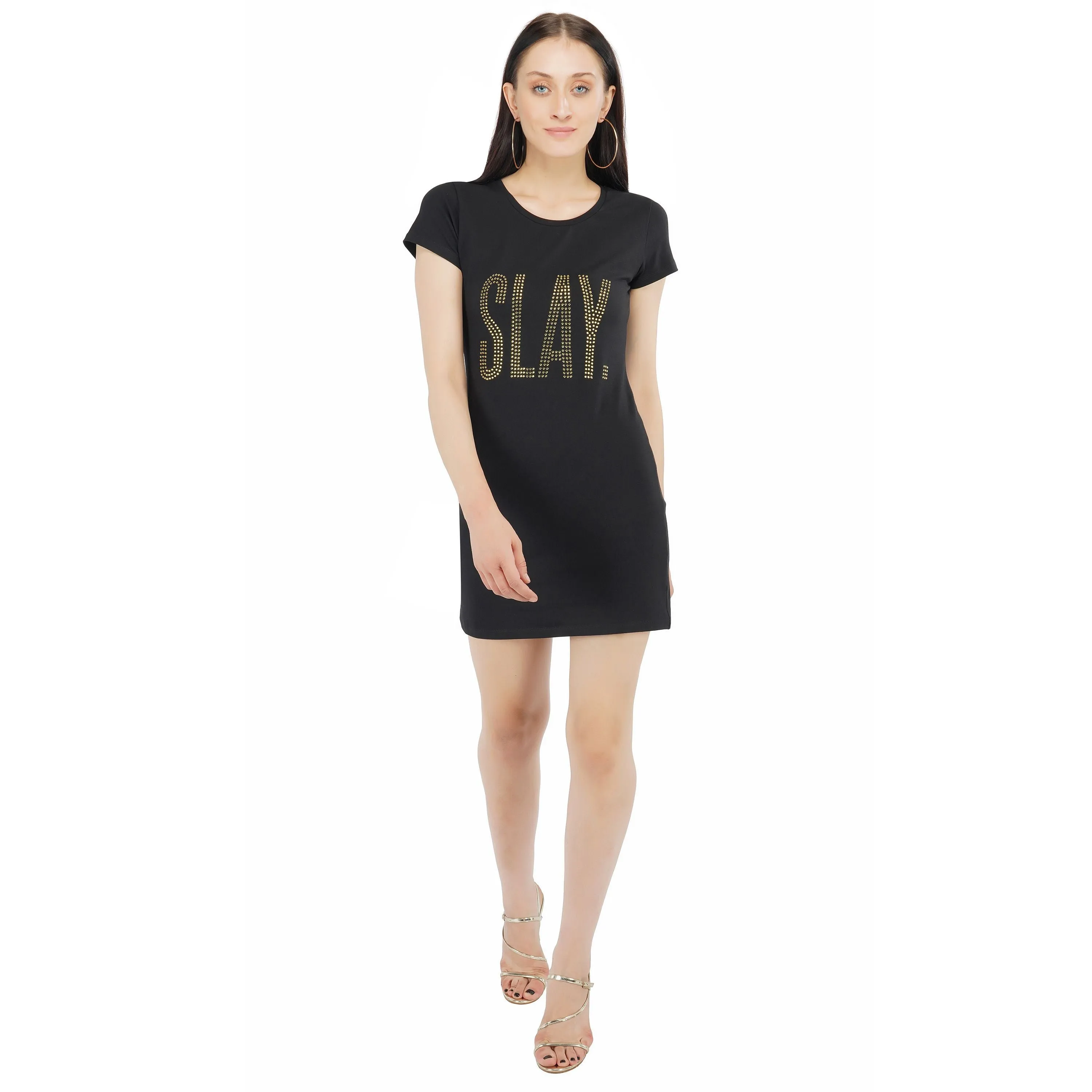 SLAY. Women's Gold Crystal Embellished Black T-shirt Dress