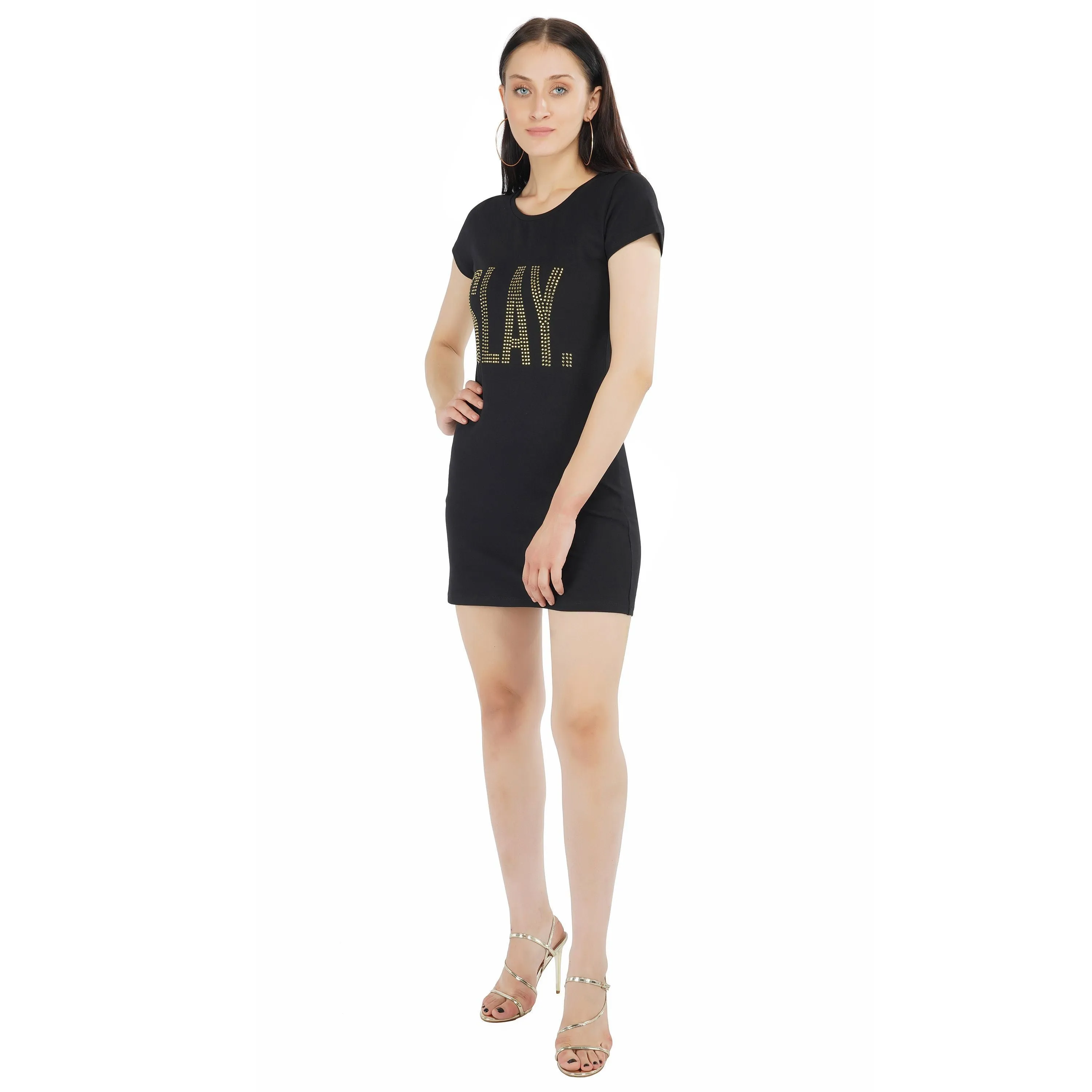 SLAY. Women's Gold Crystal Embellished Black T-shirt Dress