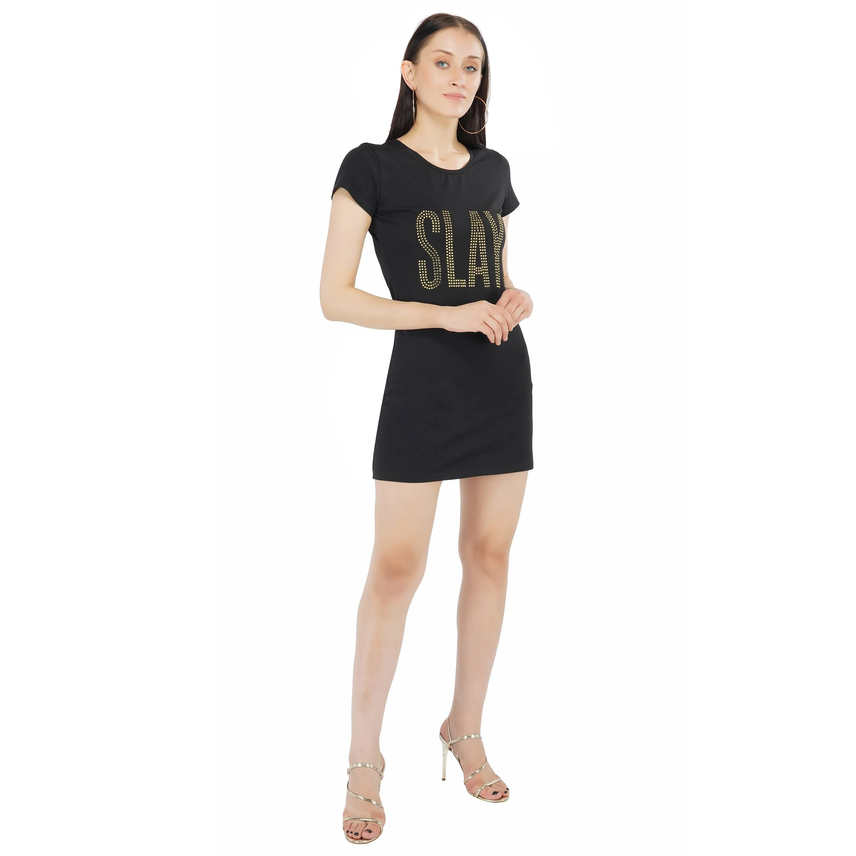 SLAY. Women's Gold Crystal Embellished Black T-shirt Dress