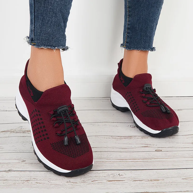 Sohiwoo  Stretch Knit Lace Up Chunky Sneakers Platform Walking Shoes