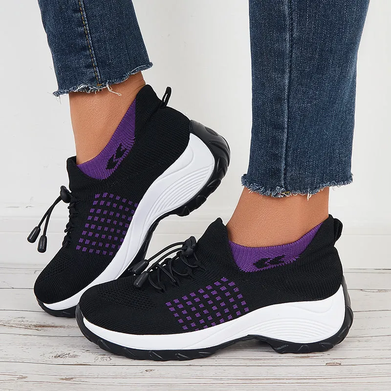 Sohiwoo  Stretch Knit Lace Up Chunky Sneakers Platform Walking Shoes