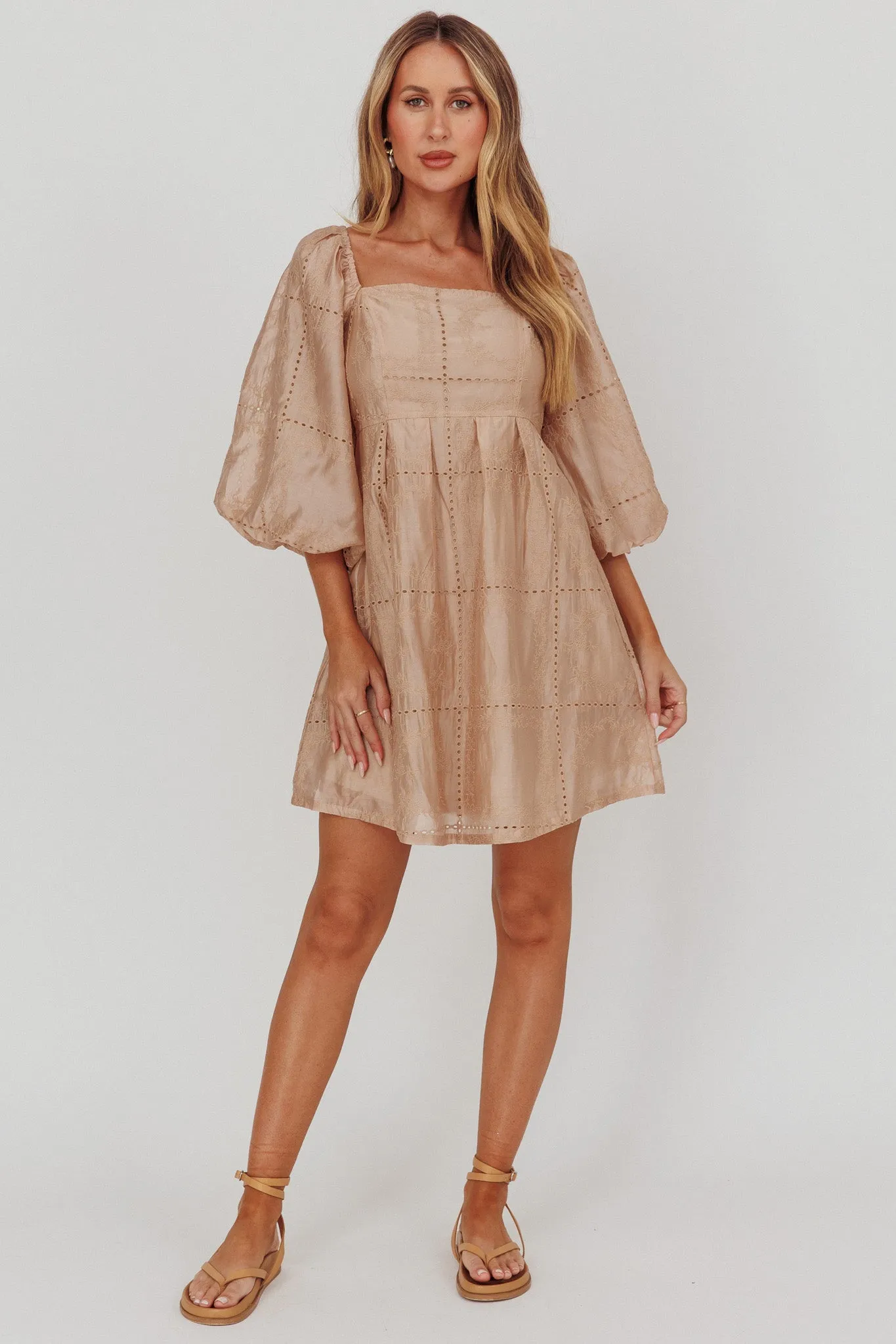 Summerlin Puff Sleeve Eyelet Mini Dress Beige