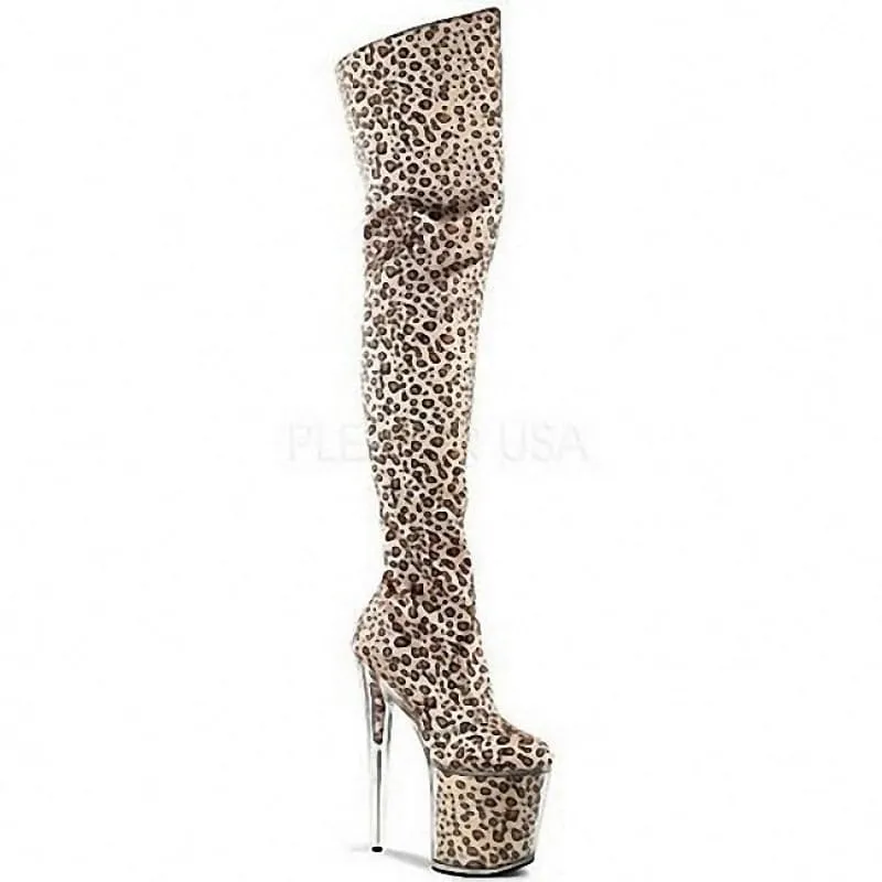 Unisex Leopard Print Thigh Length Platform Heel Boots