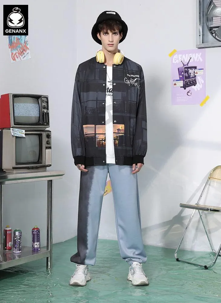 Villa Building Illustration Letter Print Baseball Collar Jacket