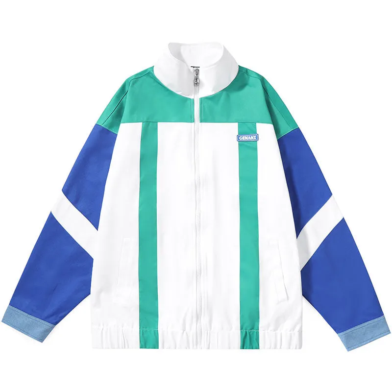 White Sports Style Color Block Loose Jacket