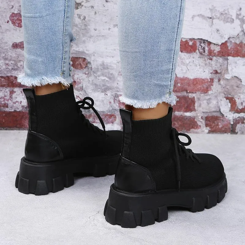 Women chunky platform fashion knit short lace up boots