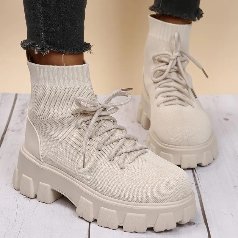 Women chunky platform fashion knit short lace up boots