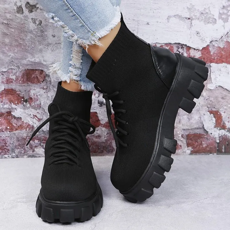 Women chunky platform fashion knit short lace up boots