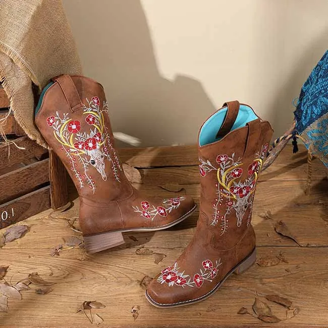 Women Floral Fantasy Cowgirl Chunky Boots Country Western Boot