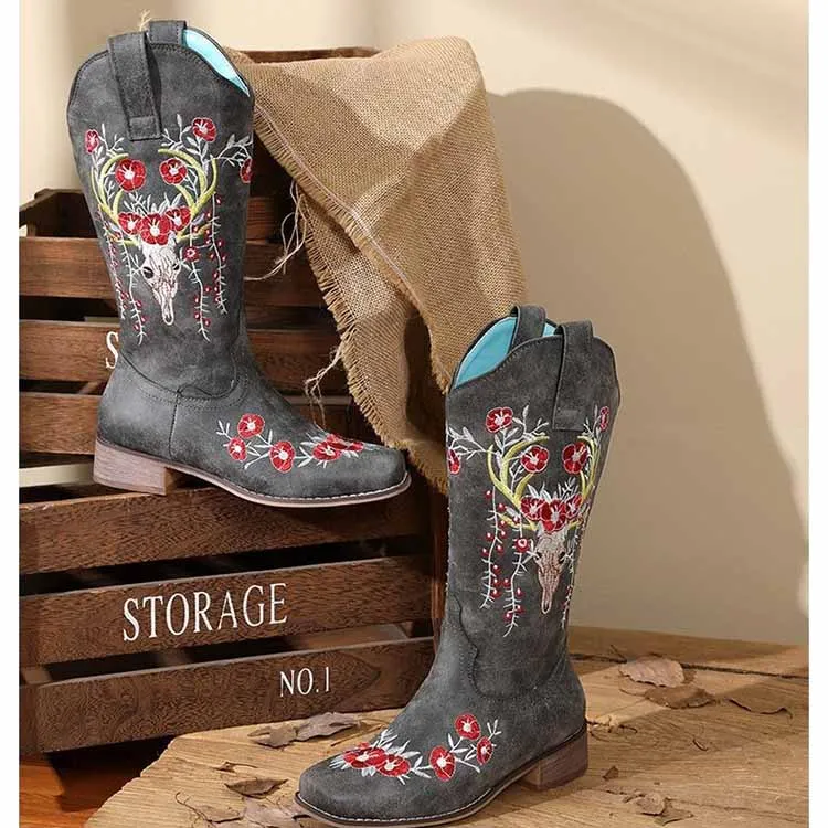 Women Floral Fantasy Cowgirl Chunky Boots Country Western Boot