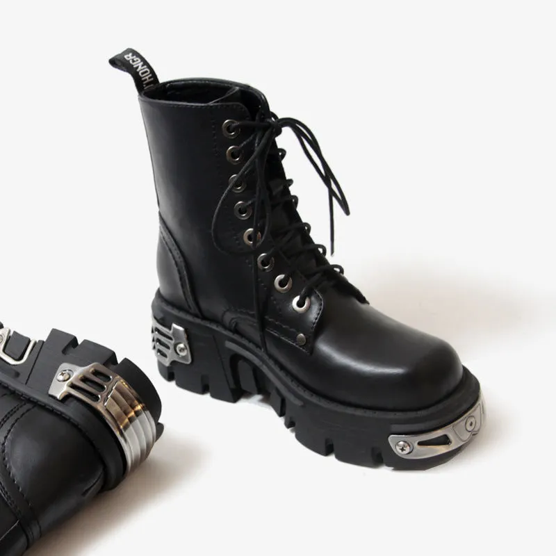 Women lace up chunky platform black short motorcycle boots